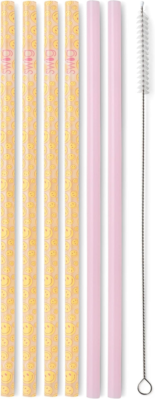 Swig Life Reusable Straws Oh Happy Day + Pink Tall Straw Set & Cleaning Brush, Each Straw is 10.25 inch Long (Fits Swig Life 20oz Tumblers, 22oz, and 32oz Tumblers)