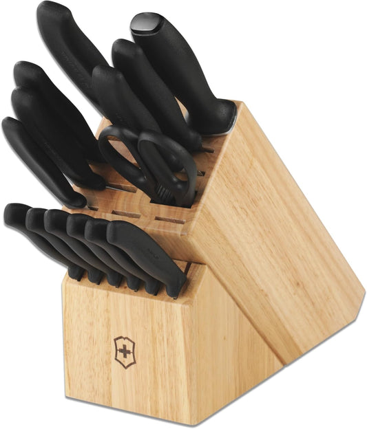 Victorinox Swiss Classic Knife Block - Kitchen Knife Set with Block for Home Essentials - Includes Chef's Knife, Santoku Knife & More - Black Handles, 15-Piece Set