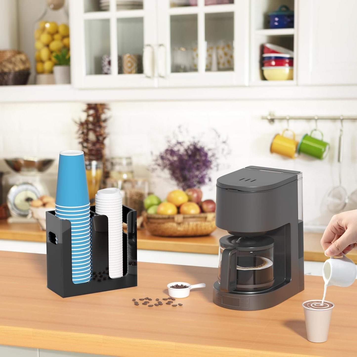 WINFFOR Disposable Cup Organizer Dispenser - 2 Compartments Black Acrylic Cup and Lid Holder with Handles Plastic Cup Dispenser Countertop Paper Cup Holder for Coffee Bar House Party Essentials