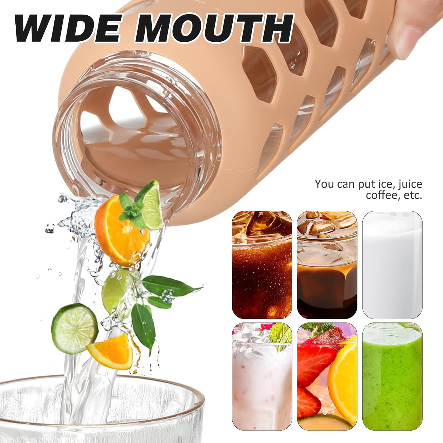 MUKOKO Glass Water Bottles, 24oz Glass Tumbler with Straw, Drinking Bottles with 2 Lids-Handle Spout Lid&Bamboo Straw Lid, Motivational Water Bottle with Time Marker and Silicone Sleeve, 1 Pack-Amber