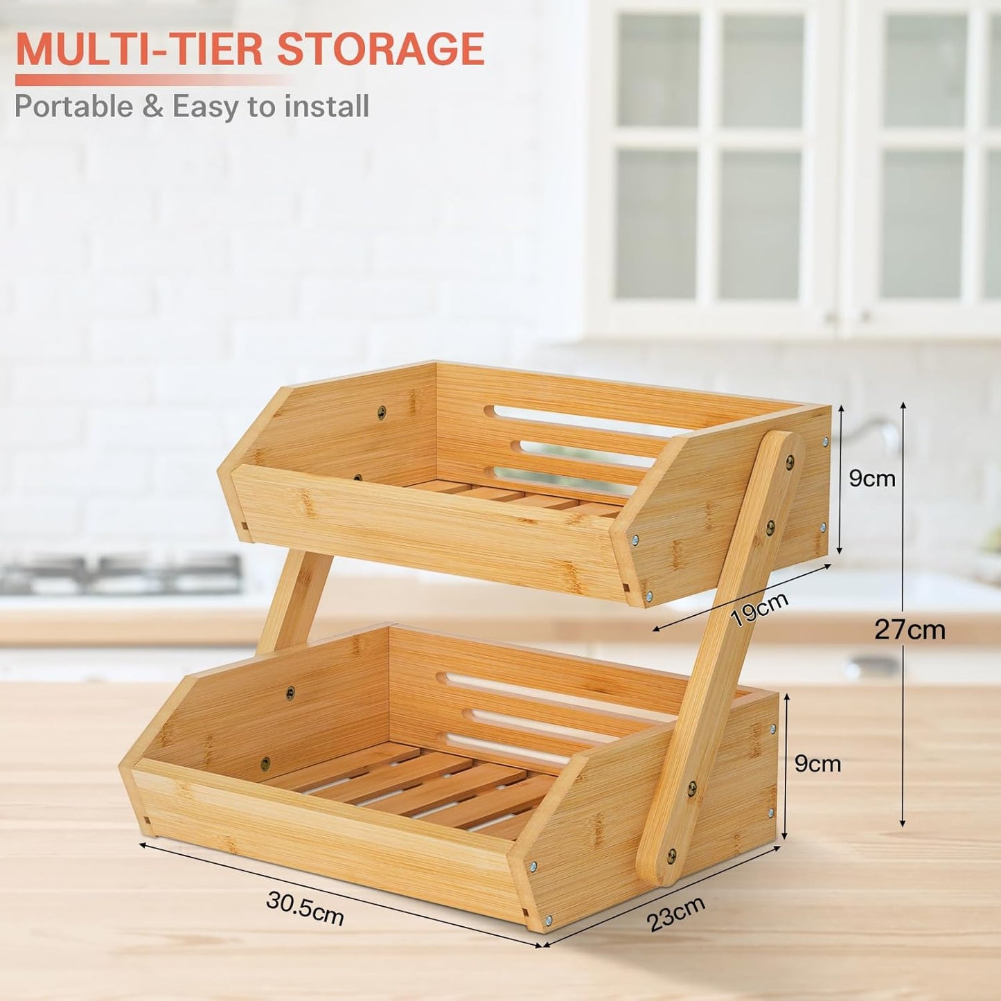 G.a HOMEFAVOR Large Bamboo Fruit Basket, 2-Tier Fruit Bowl for Kitchen Counter, Vegetable Storage Stand for Fruit Shop, 15 mm Thickness (Self-assembly)