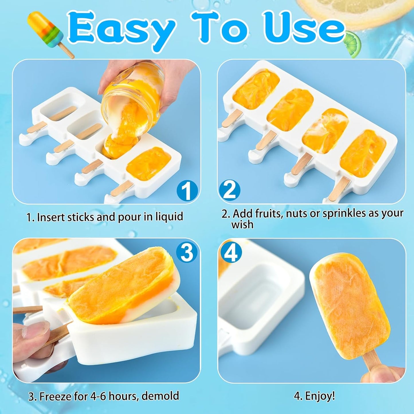 8 Set Silicone Popsicle Molds 4 Cavities Ice Cream Oval Cake Molds with 400 Sticks, Reusable Ice Pop & Cakesicle Mould forKids, DIY Frozen Treats, Summer Snacks, Parties Favors, Easy Release