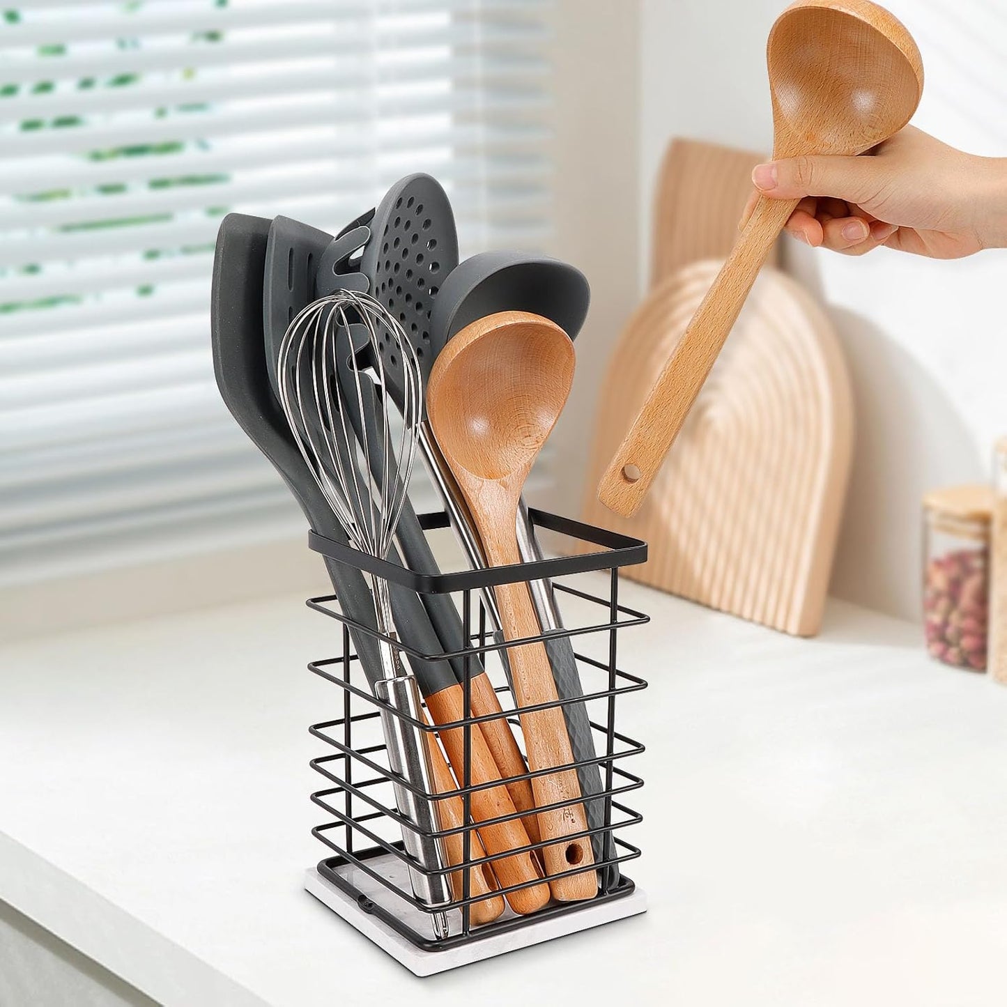 Square Kitchen Utensil Holder, Sturdy Metal Rack for Countertop Storage, Cooking Tools Organizer with Drainage Hole, Stylish Utensil Caddy for Effortless Kitchen Organization, with Marble Base
