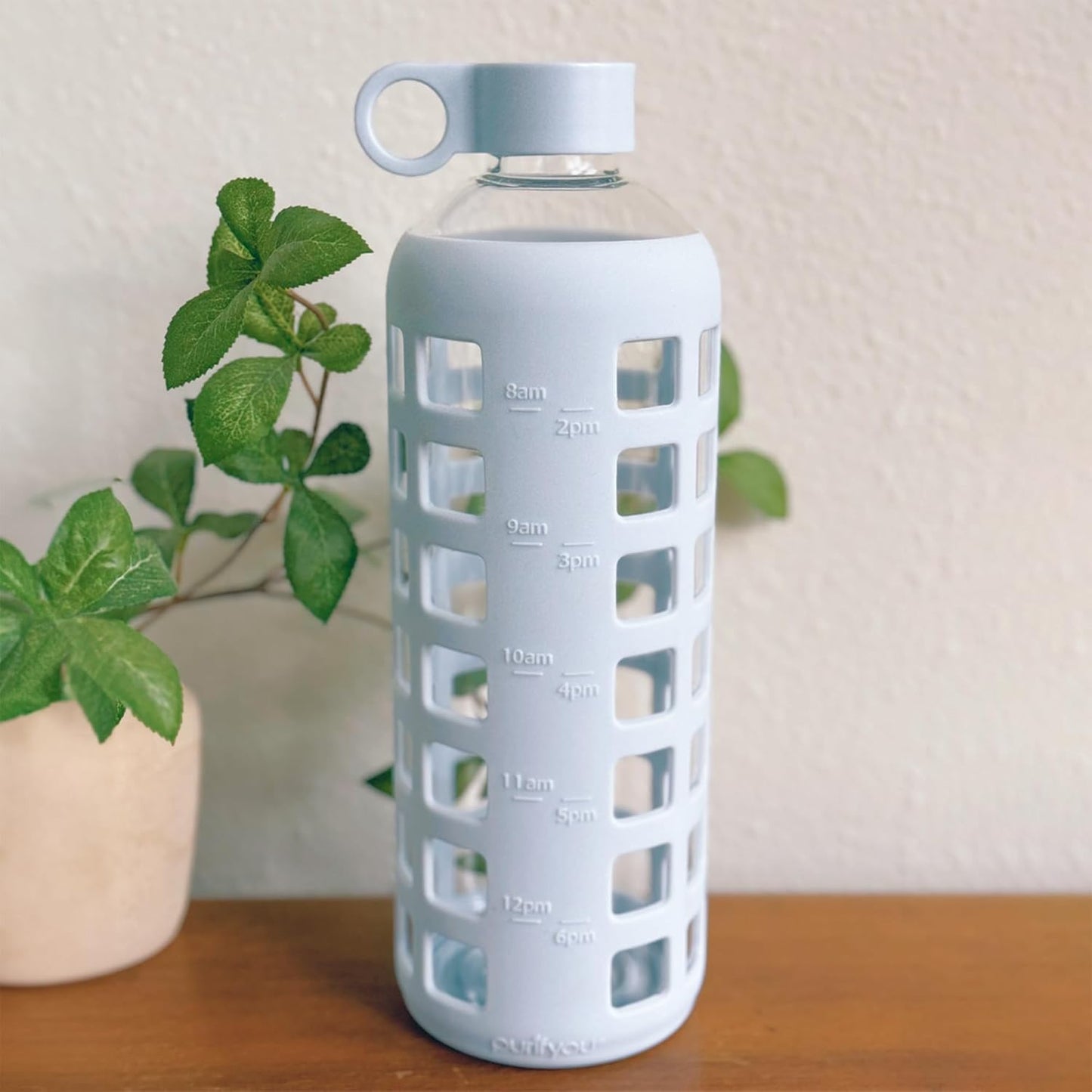 purifyou 40oz / 32oz / 22oz / 12oz Borosilicate Glass Water Bottle with Time & Volume Markers, Silicone Sleeve, Stainless Steel Lid – Reusable Glass Bottle for Water & Juice (40oz Ice Blue)