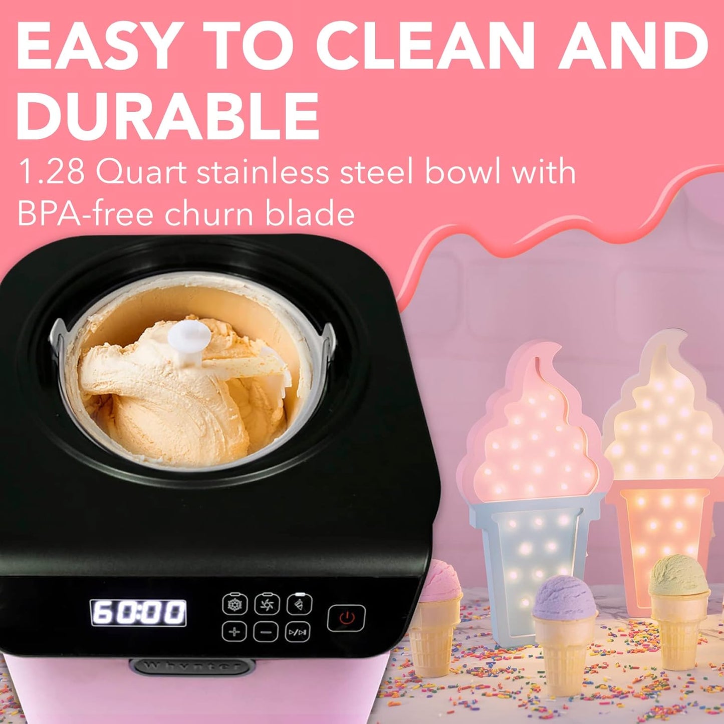 Whynter Ice Cream Maker Machine Automatic 1.28 Qt Upright with Built-In Compressor, LCD Digital Display & Timer, No Pre-Freezing, ICM-128BPS, Black/Pink