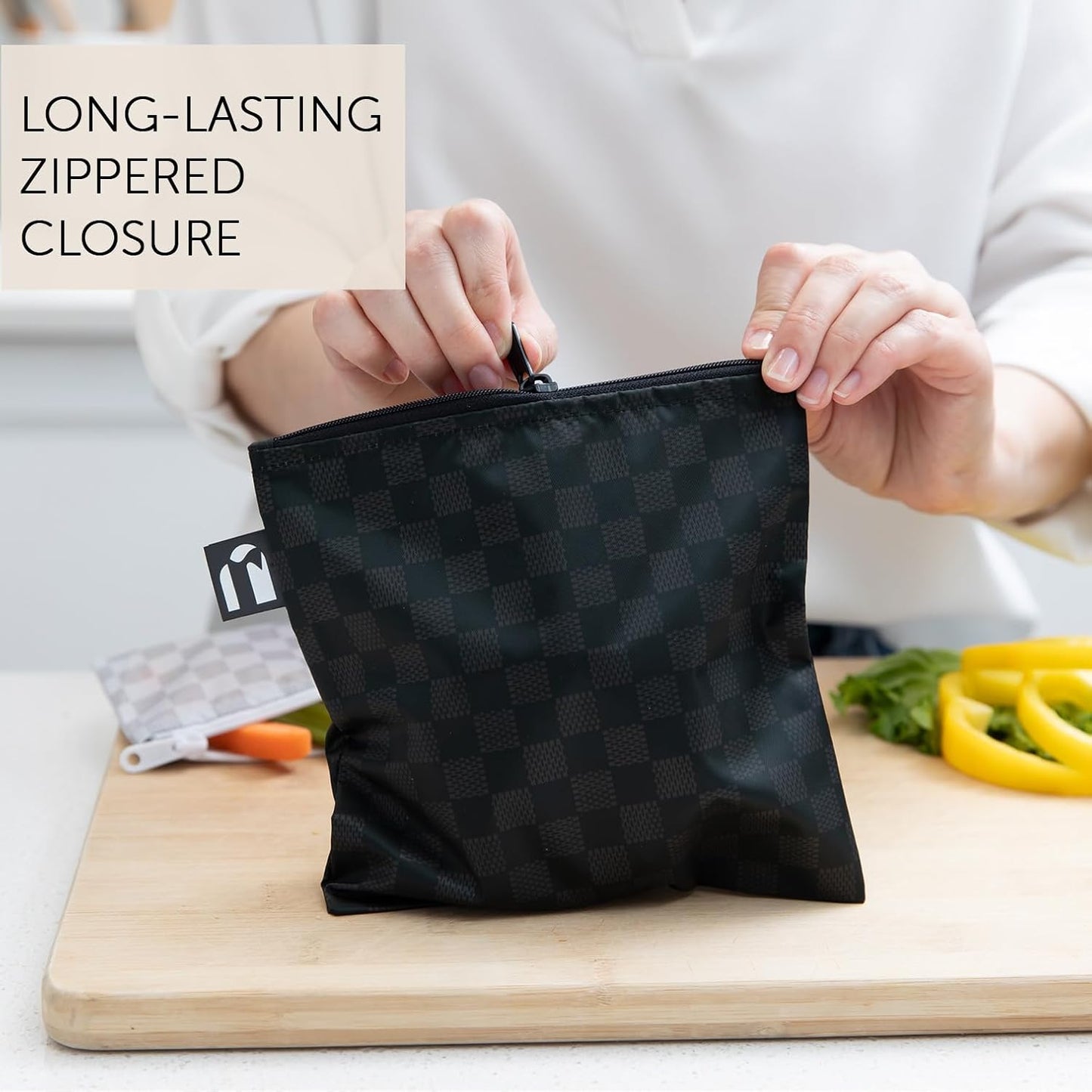 Roamio Reusable Sandwich and Snack Bags, for Kids School Lunch and for Adults Portion, Washable Fabric, Waterproof Cloth Zip Bag, Travel Pouch, Food-Safe Storage,4-pack Set Black Check and Off White