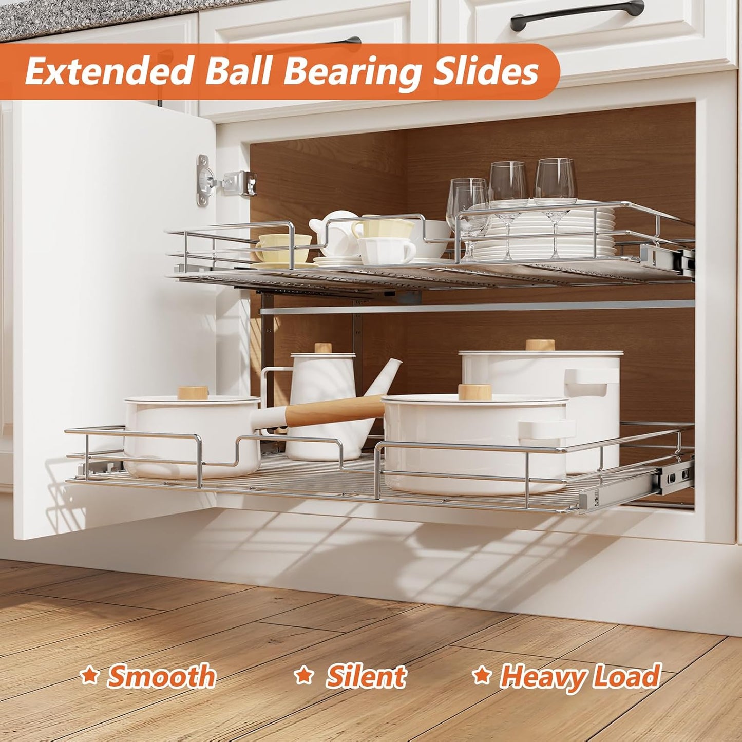 ROOMTEC Individual Pull Out Cabinet Organizer (31½" W x 21½" D), 2 Tier Spice Rack Organizer for Cabinet, Slide Out Drawer Pantry Shelf Organization and Storage for Kitchen Bathroom