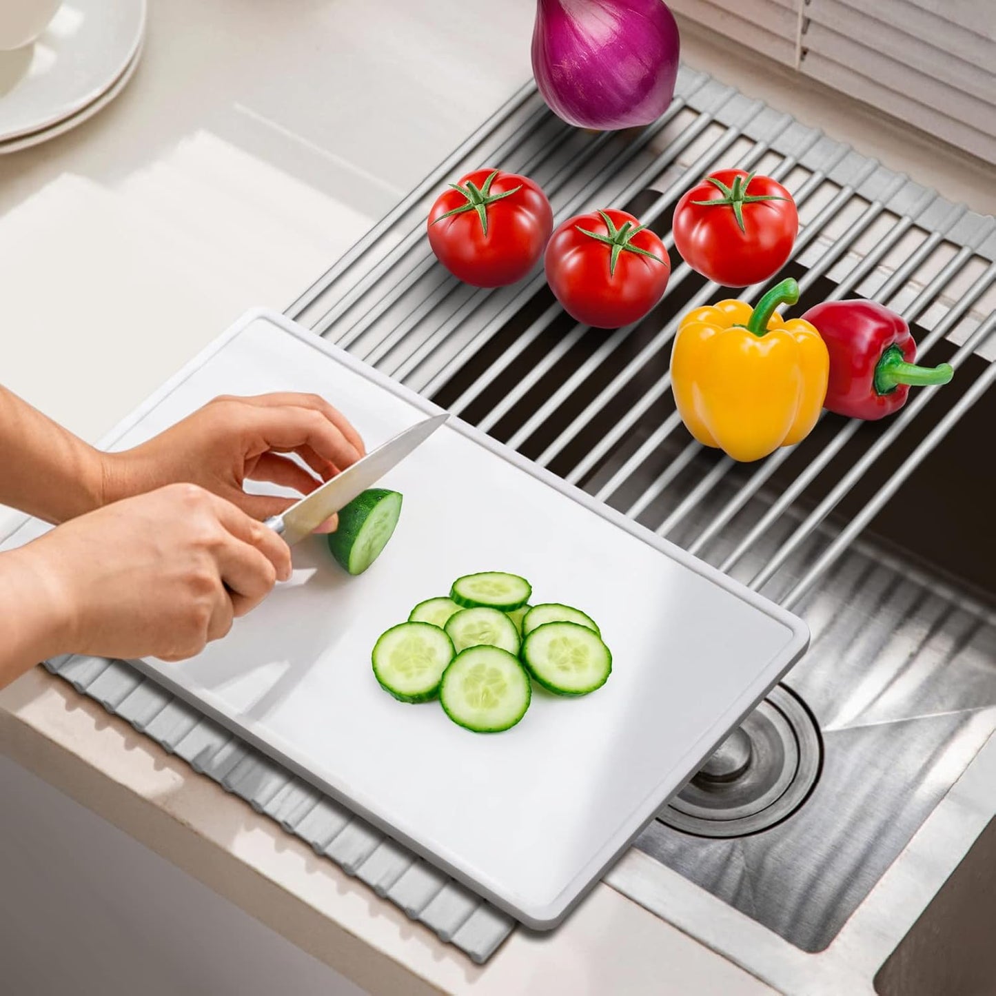 Roll Up Dish Drying Rack Over The Sink Kitchen Roll Up Sink Drying Rack Multipurpose Foldable Sink Drying Mat, Heat-Resistant, Anti-Slip & Anti-Rust Dish Rack for Kitchen, 17" x 13", Grey