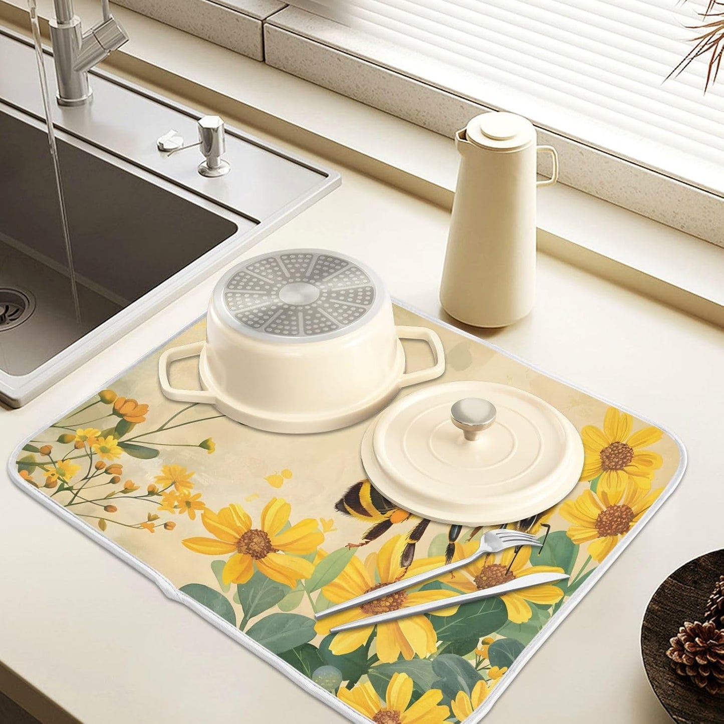 Honey Bee Dish Drying Mat for Kitchen Counter Absorbent Microfiber Small Drying Pad Dish Yellow Flowers Leaves Mats for Kitchen Countertops 16 x 18 Inch