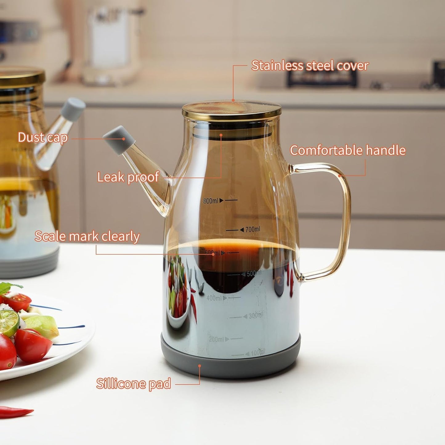 Large Glass Oil Dispenser Bottle for Kitchen Cooking Recipiente Para Aceite De Cocina Olive Oil Vinegar Dispenser Cruet Stainless Steel Lid No Drip Liquid Container (Champagne, 34oz /1000ml)