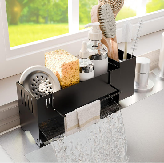 Sponge Holder for Kitchen Sink, Space-Saving Sink Caddy with Brush Holder, Kitchen Countertop Organizers and Storage Essentials, Rustproof & Slip Resistant