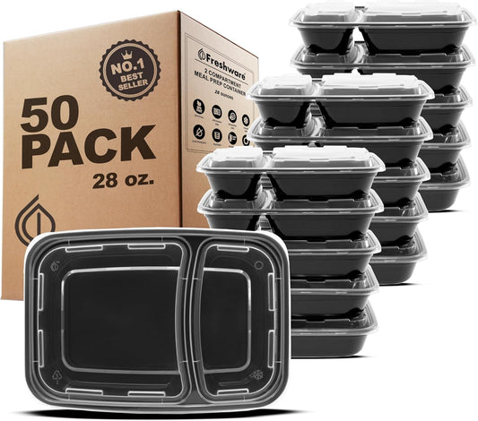 Freshware Meal Prep Containers [50 Count ] 2 Compartment with Lids, Food Storage Containers, Bento Box, BPA Free, Stackable, Microwave/Dishwasher/Freezer Safe (28 oz)