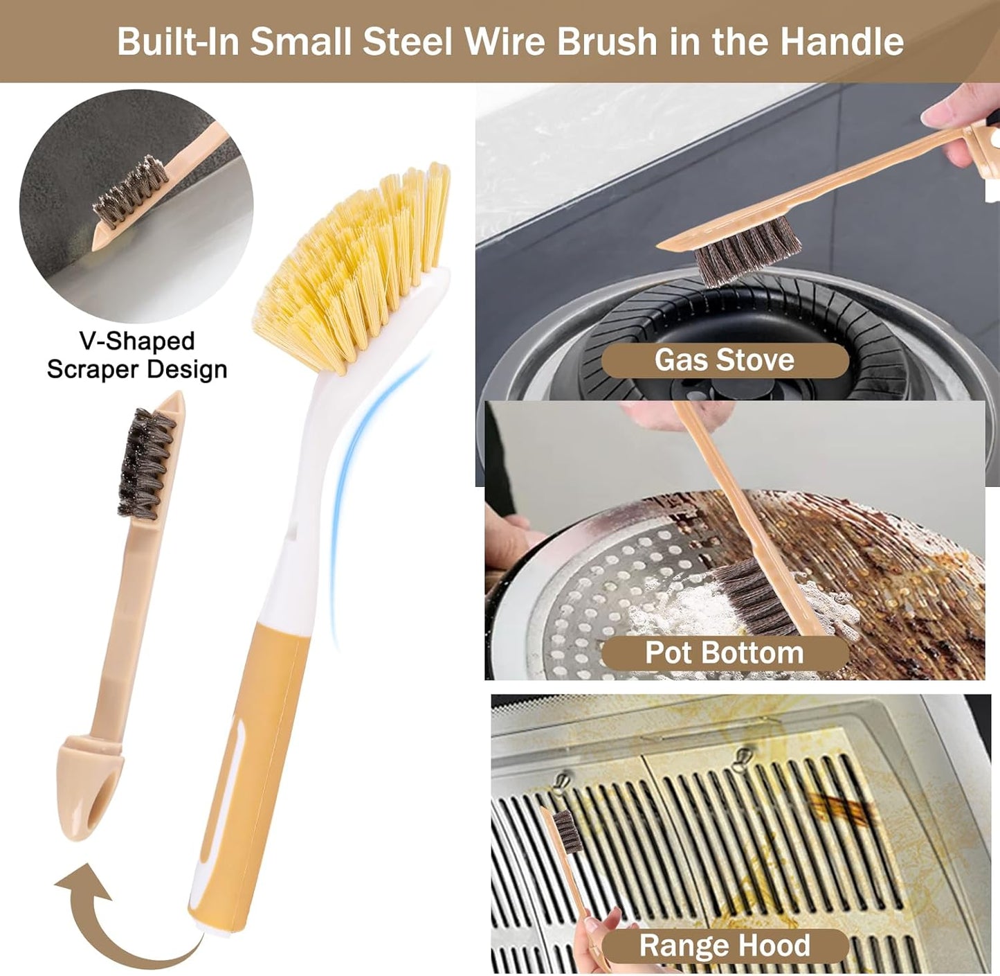 Dish Brush with Detachable Small Steel Wire Brush and Pan Scraper, Home Kitchen Scrub Brushes with Long Handle for Household Cleaning Dishes, Pots, Stovetop, Grill, Sink Scrubber (2-Pack)