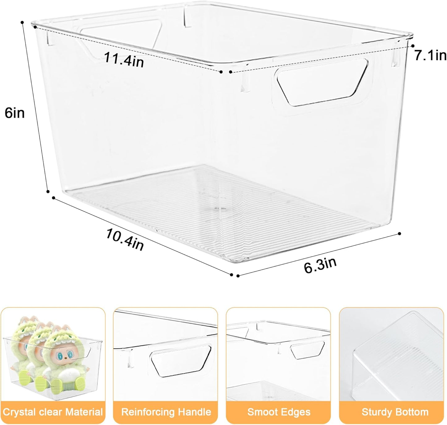 Attelite Clear Plastic Storage Bins,Large 6 Pack Pantry Organizer with Handle,BPA Free Plastic Storage Containers for Fridge,Closet,Bathroom,Under Sink and Kitchen Organization