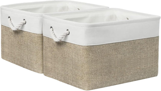 Organization and Storage Bins for Shelves - 17X15X12 inch 2 Pack Fabric Storage Cubes Collapsible Baskets for Organizing with Rope, Storage Box for Cloth Decorative (White&Khaki)