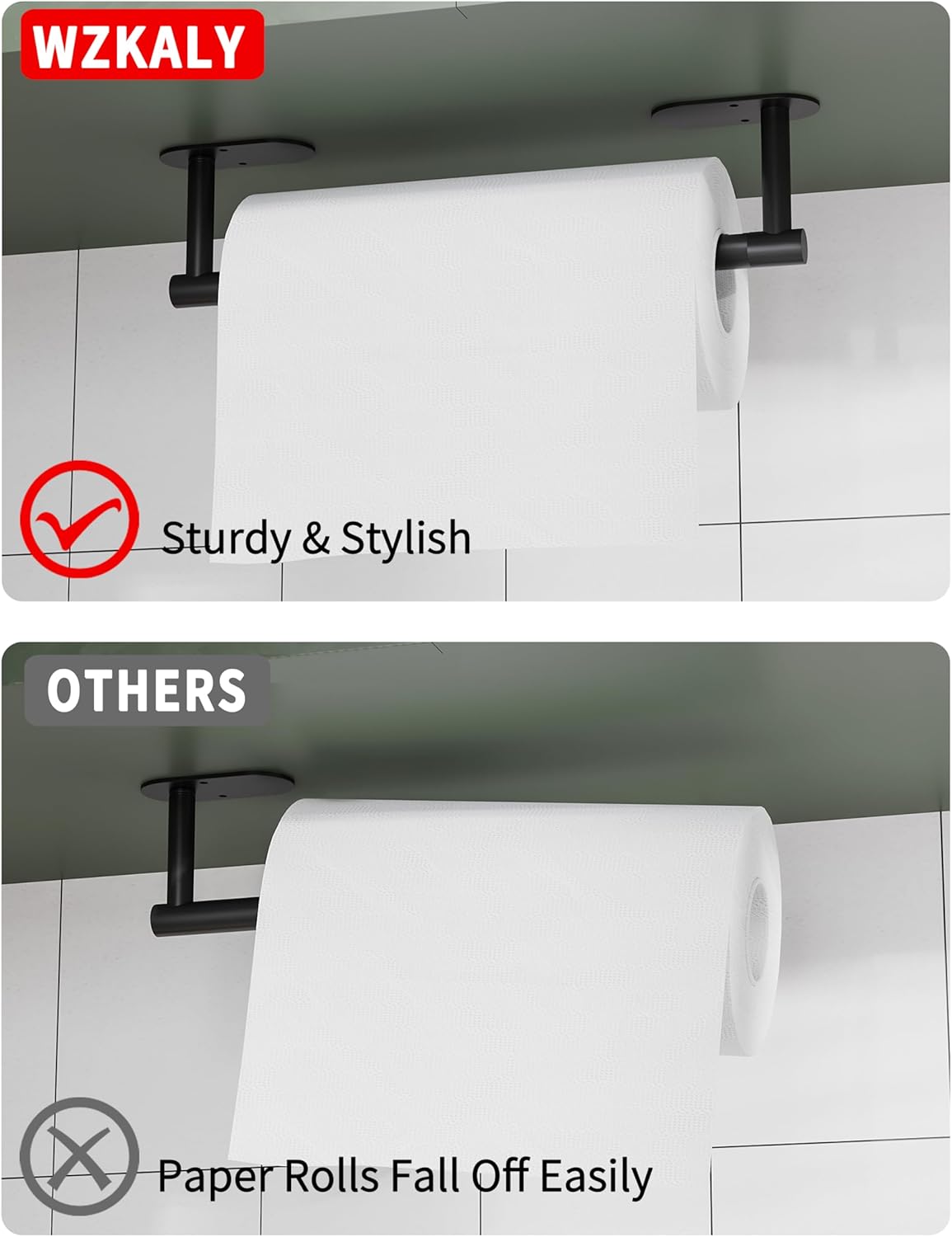 Paper Towel Holder Under Cabinet, Self Adhesive or Wall Mounted SUS304 Stainless Steel Paper Towel Holder for Kitchen, Bathroom(2 Towel Hooks, Matte Black)
