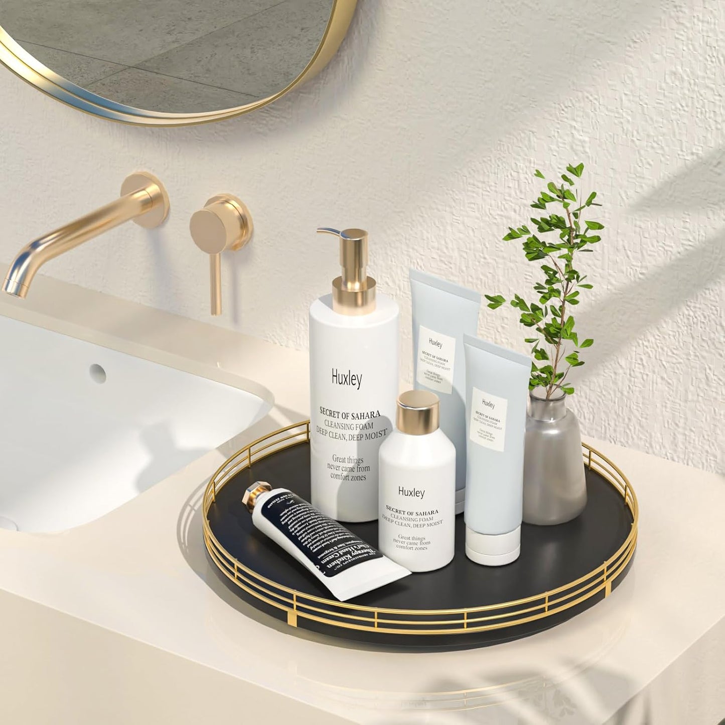 13" Oak Wood Bathroom Tray for Counter, Vanity Tray for Perfume Lotion Candle Makeup Jewelry Sink Soap Holder Turntable Dresser Organizer Countertop Coffee Table Decor Organization and Storage Gold