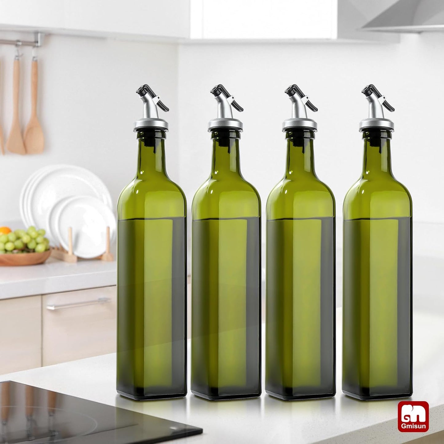 GMISUN Olive Oil Dispenser Bottle 4 Pack, Olive Oil Dispenser for Kitchen 17oz, Glass Cooking Soy Sauce Bottle Container Cruet with Plastic Pourer Spout, Green