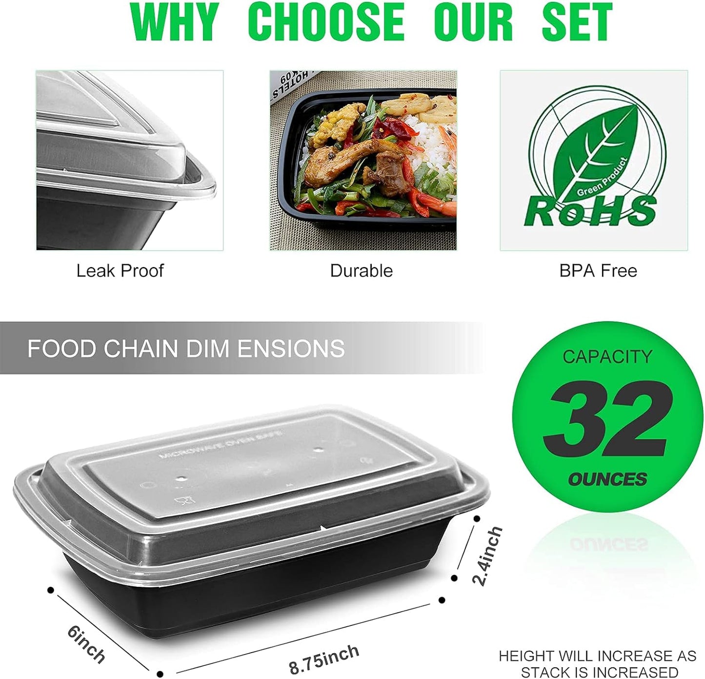 WGCC Meal Prep Containers, 32OZ 50 Pack Extra-thick Food Storage Containers with Lids, Plastic Microwavable Bento Box Reusable Storage Lunch Boxes BPA Free, Stackable, Dishwasher/Freezer Safe