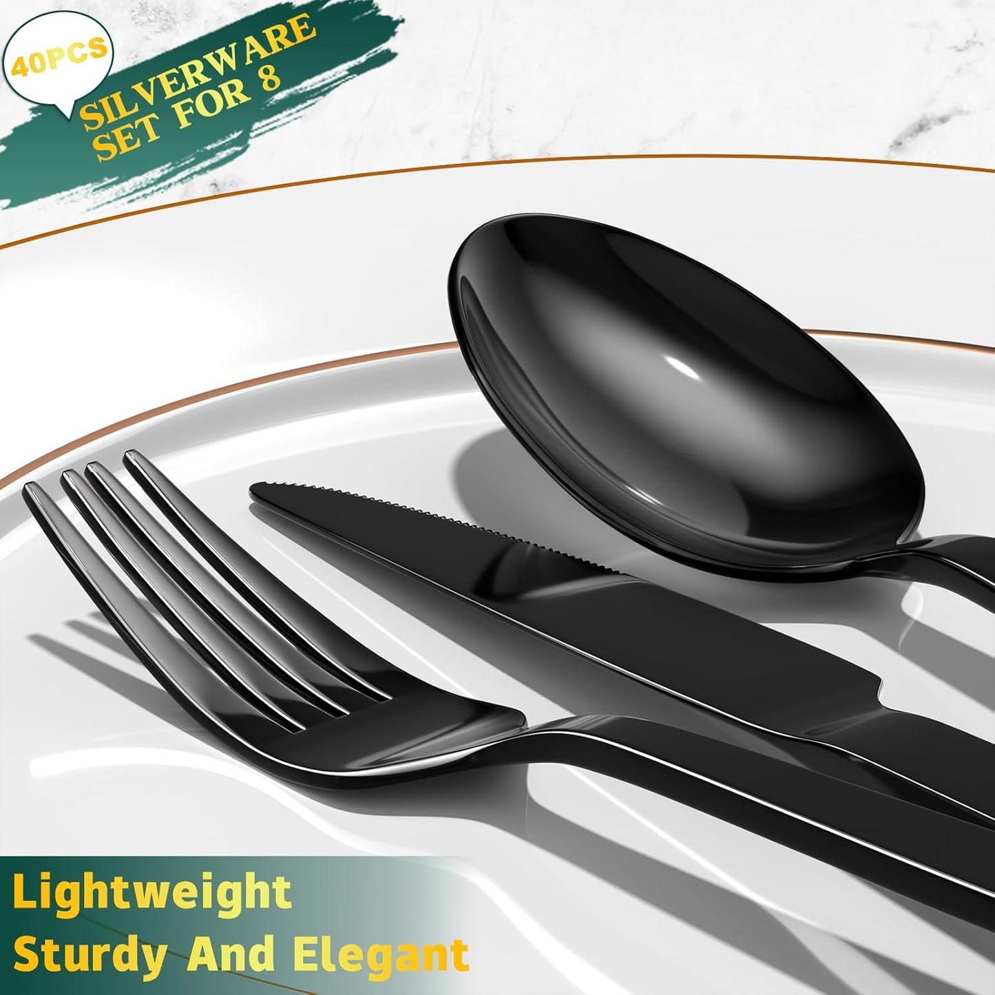 40 Pieces Black Silverware Set,Premium Stainless Steel Flatware Set For 8, Yoehka Mirror Polished Tableware Cutlery Set For Home And Restaurant, Include Knife/Spoon And Fork, Dishwasher Safe