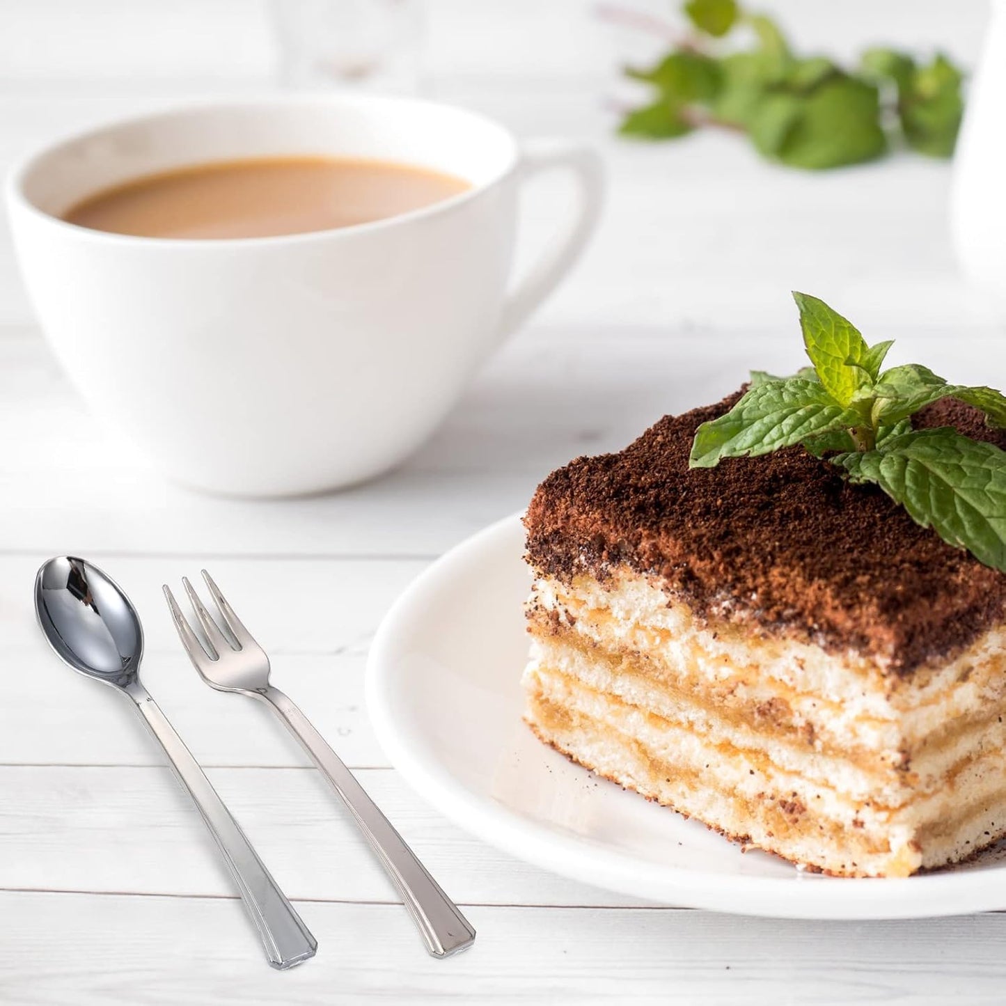 Yinkin 300 Pieces Plastic Mini Appetizer Spoon 4.53 Inch Stainless Steel Finished Silver Disposable Silverware Heavy Duty Plastic Tasting Dessert Forks for Party Wedding Catering