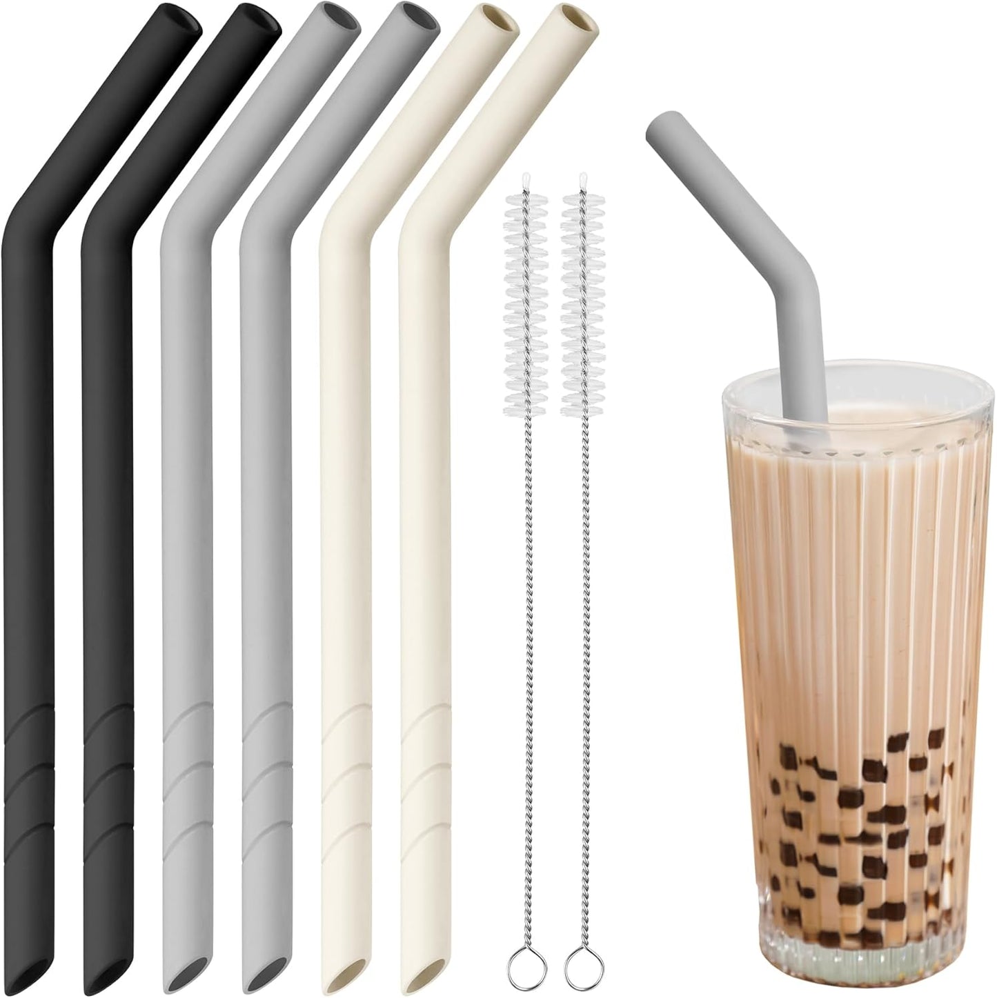 NiHome 6PCS Extra Wide Reusable Bent Silicone Straws for Boba, Smoothies, Bubble Tea, Bent Straws for Thick Drinks, Child-Safe, Customizable Length, 2 Brushes Easy Cleaning (Black, White & Gray)