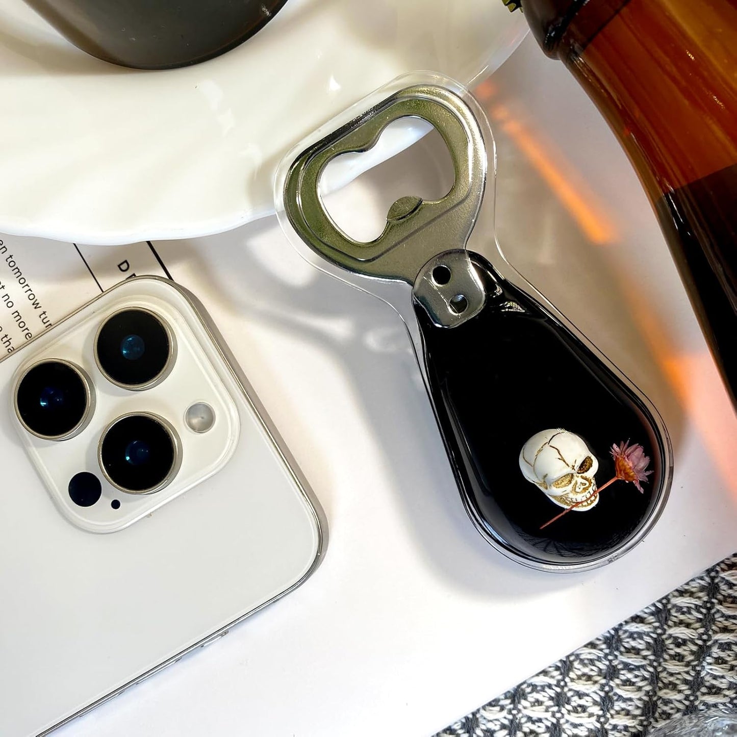 Halloween Ghost Skull Decor, Magnetic Bottle Opener, Original Design Skull Biting Flower in Black Resin – Strong Magnet for Fridge – Gothic Halloween Gifts - Black