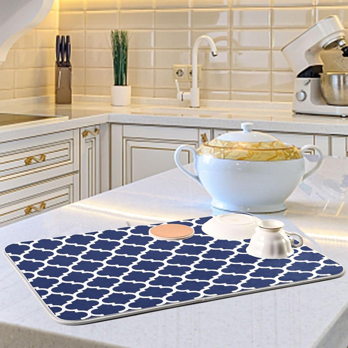 Navy Blue Trellis Lattice Dish Drying Mat for Kitchen Counter Absorbent Microfiber Drying Pad, Large 18x24 in, Reversible Drainer Mats