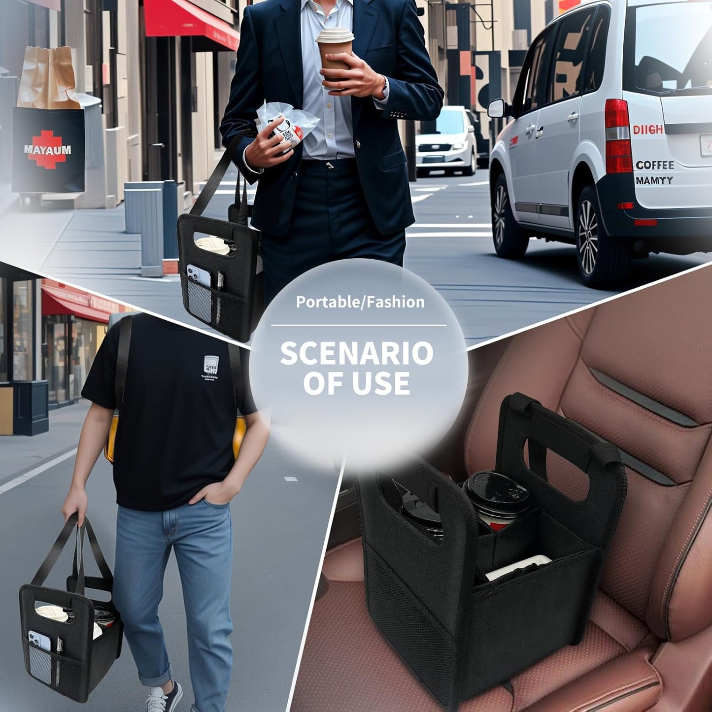 Reusable 4 Cup Drink Carrier with Handle and Adjustable Dividers, Insulated Caddy for Take Out, Foldable Coffee Cup Holder for Hot & Cold Drinks (Black)