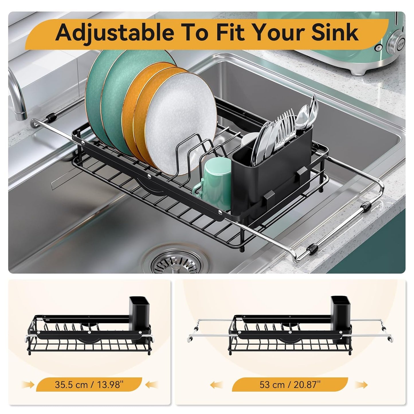 Over the Sink Dish Drying Rack,In Sink Dish Drying Racks,Expandable Dish Rack Over Sink Counter,Adjustable Dish Drainer for Inside Sink with Utensil Holder, Stainless Steel Dish Strainer Compact Size