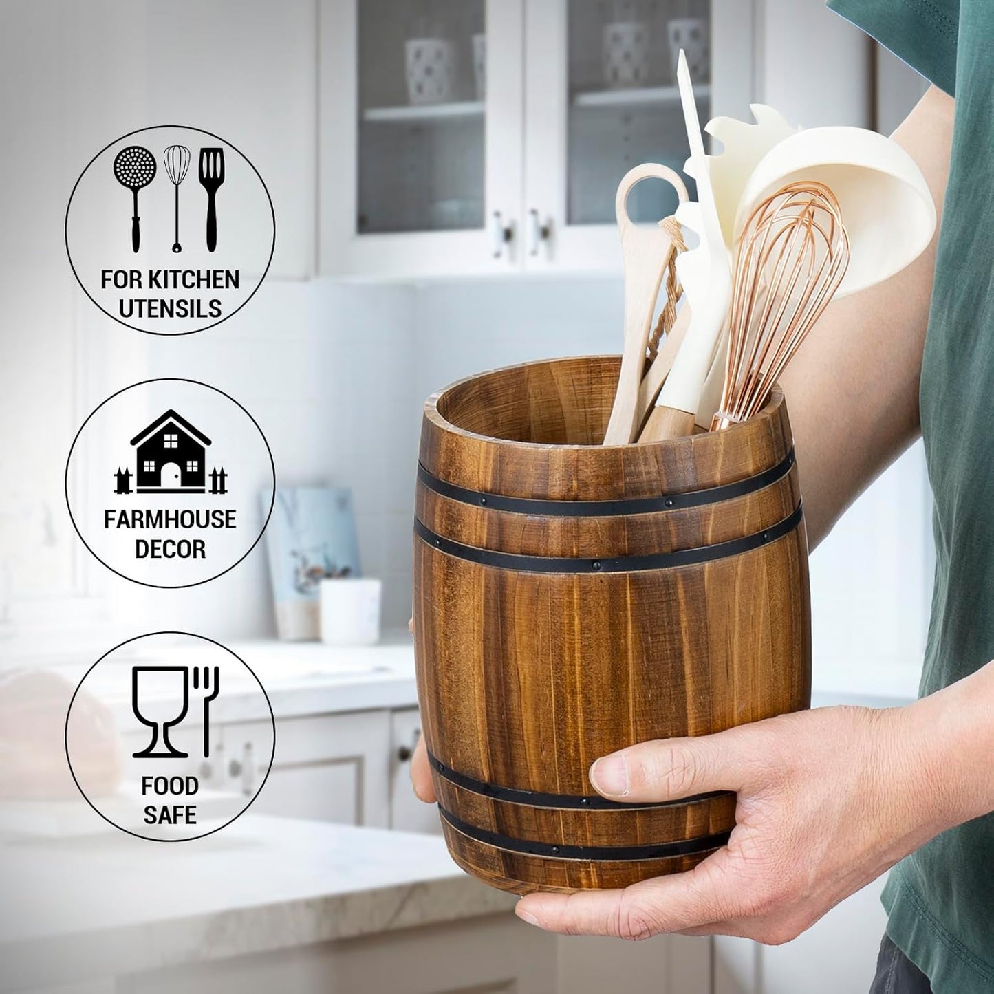 MyGift Wine Barrel Design Kitchen Utensil Crock, Vintage Rustic Burnt Wood Cooking Tool Holder