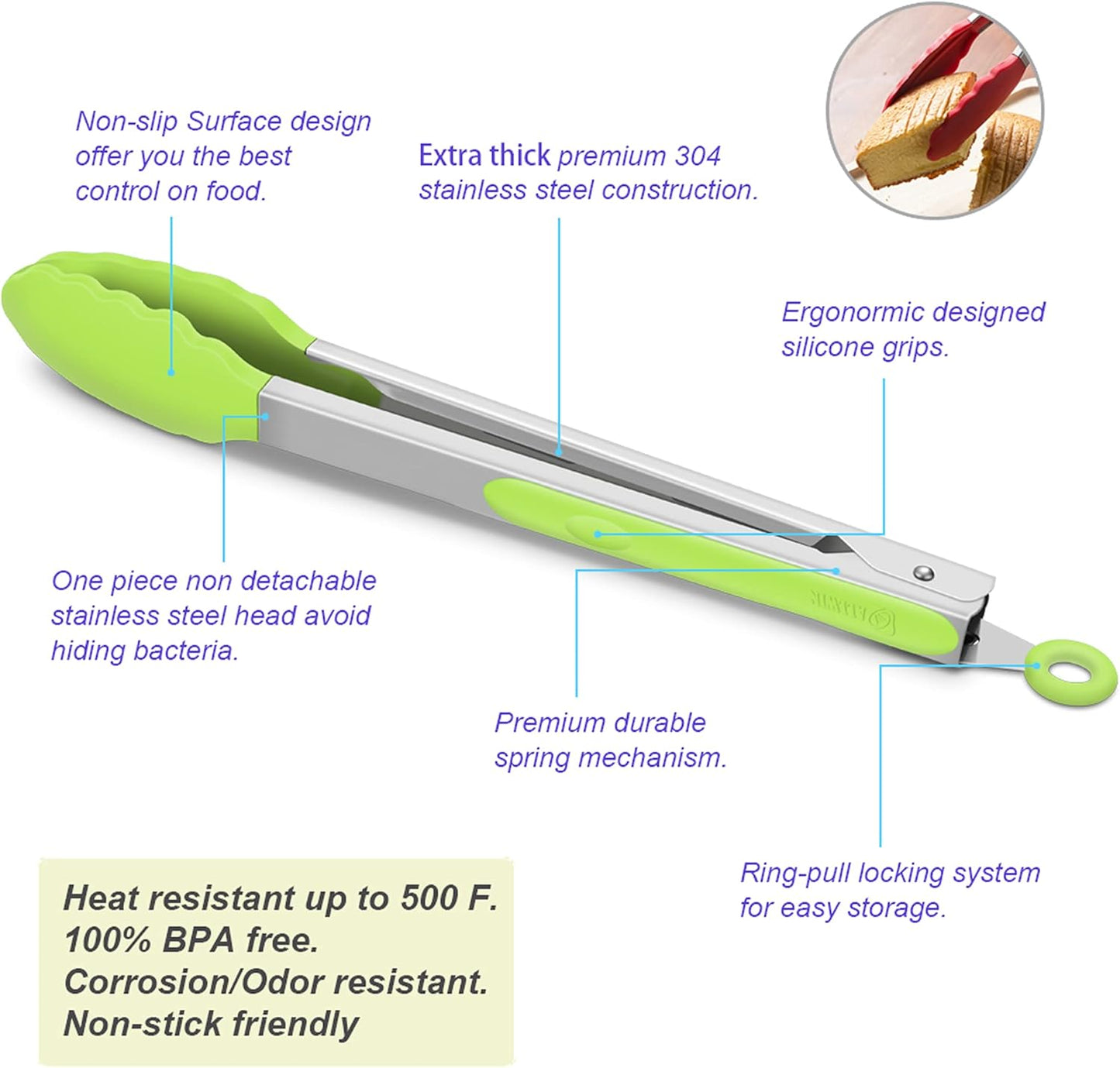 4 Pack Green Kitchen Tongs, Premium Silicone BPA Free Non-Stick Stainless Steel BBQ Cooking Grilling Locking Food Tongs, 9-Inch & 12-Inch