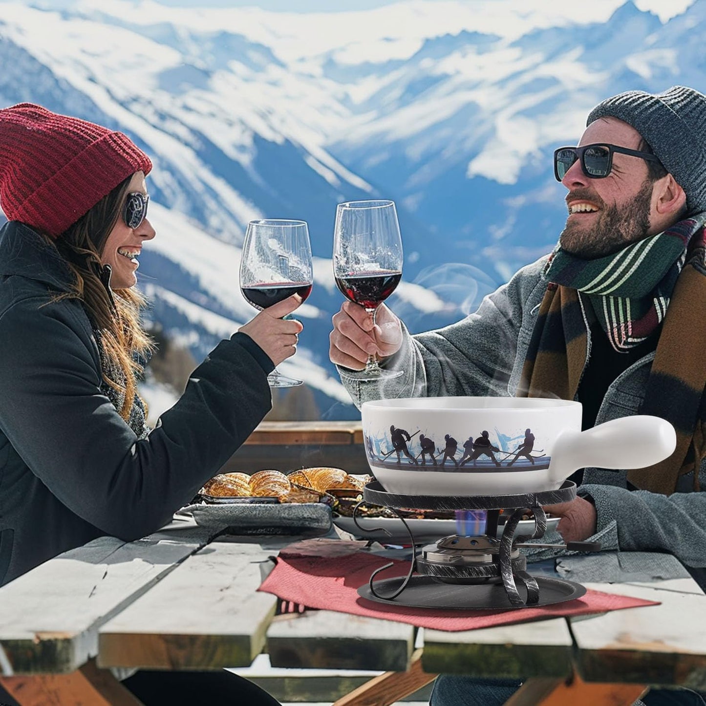 Artestia Swiss Fondue Set for Party - 2L Large Capacity Cheese Fondue Pot Melting Chocolate, Ceramic Fondue Pot, 6 Fondue Forks, Christmas, Wedding Gifts (Icebound Eagles)