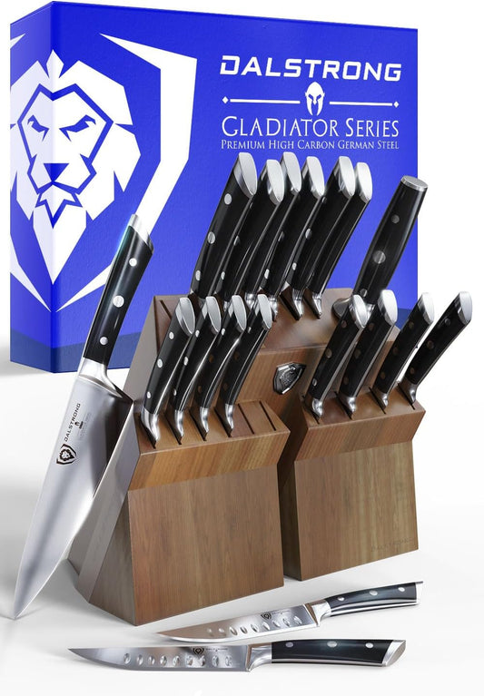 DALSTRONG Gladiator Series Elite-18pc Stainless Steel Knife Set with Block-High Carbon German Steel-Acacia Wood Block-Gift Knife Set w/Black Handles - NSF Certified