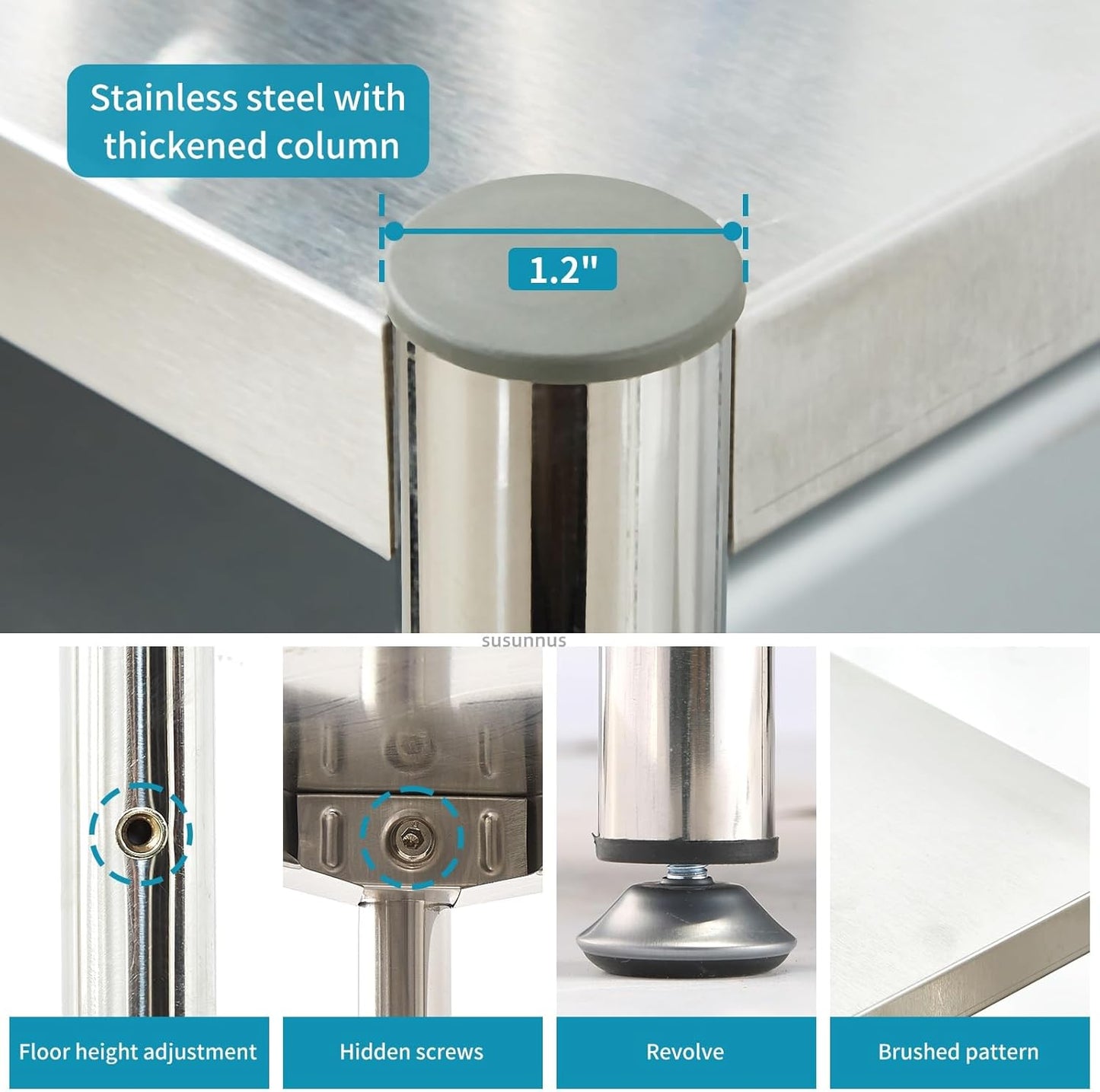 susunnus 5-Tier Stainless Steel Shelf, Heavy Duty Shelving for Kitchen, Garage, Industrial Storage, Kitchen Shelves Adjustable Feet, Easy to Clean (5T-35.8in*15.8in(Without guardrails))