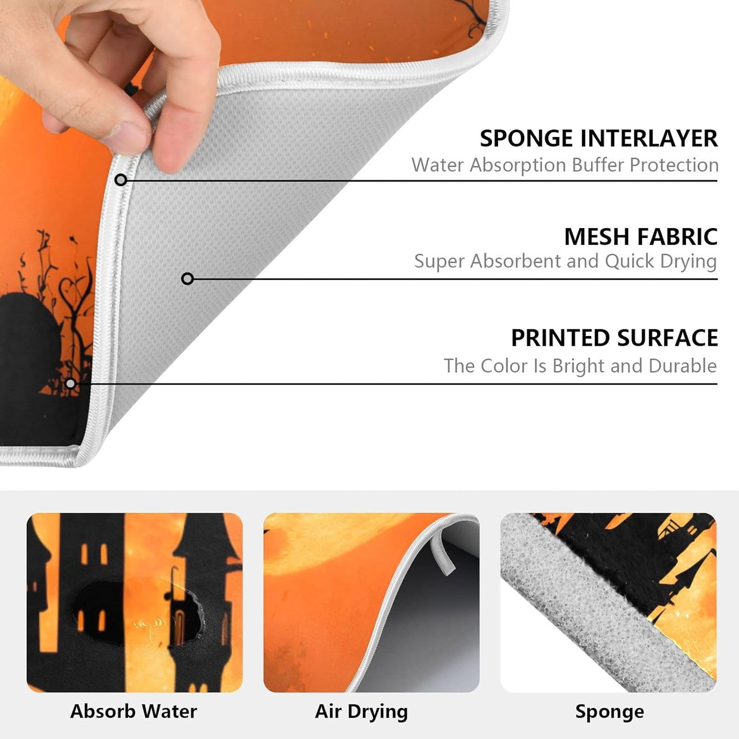 Halloween Witch Bat Castle Pumpkin Dish Drying Mat for Kitchen Counter Absorbent Microfiber Large Drying Pad Dish mats for Kitchen Countertops 18 x 24 Inch