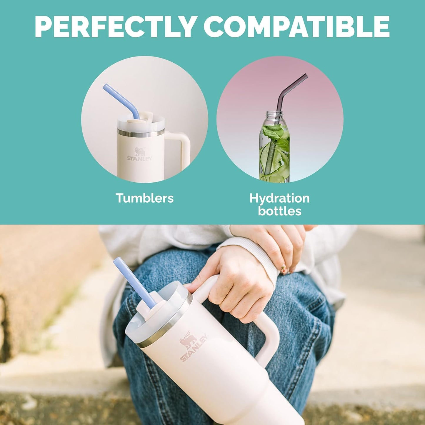 Simply Straws 12 Inch Glass Straws Straight (6-Pack) – Reusable Glass Straws for Stanley 40 Oz Tumbler, with Cleaning Brush – Durable, Dishwasher Safe, Hot & Cold Use, BPA-Free (Air)