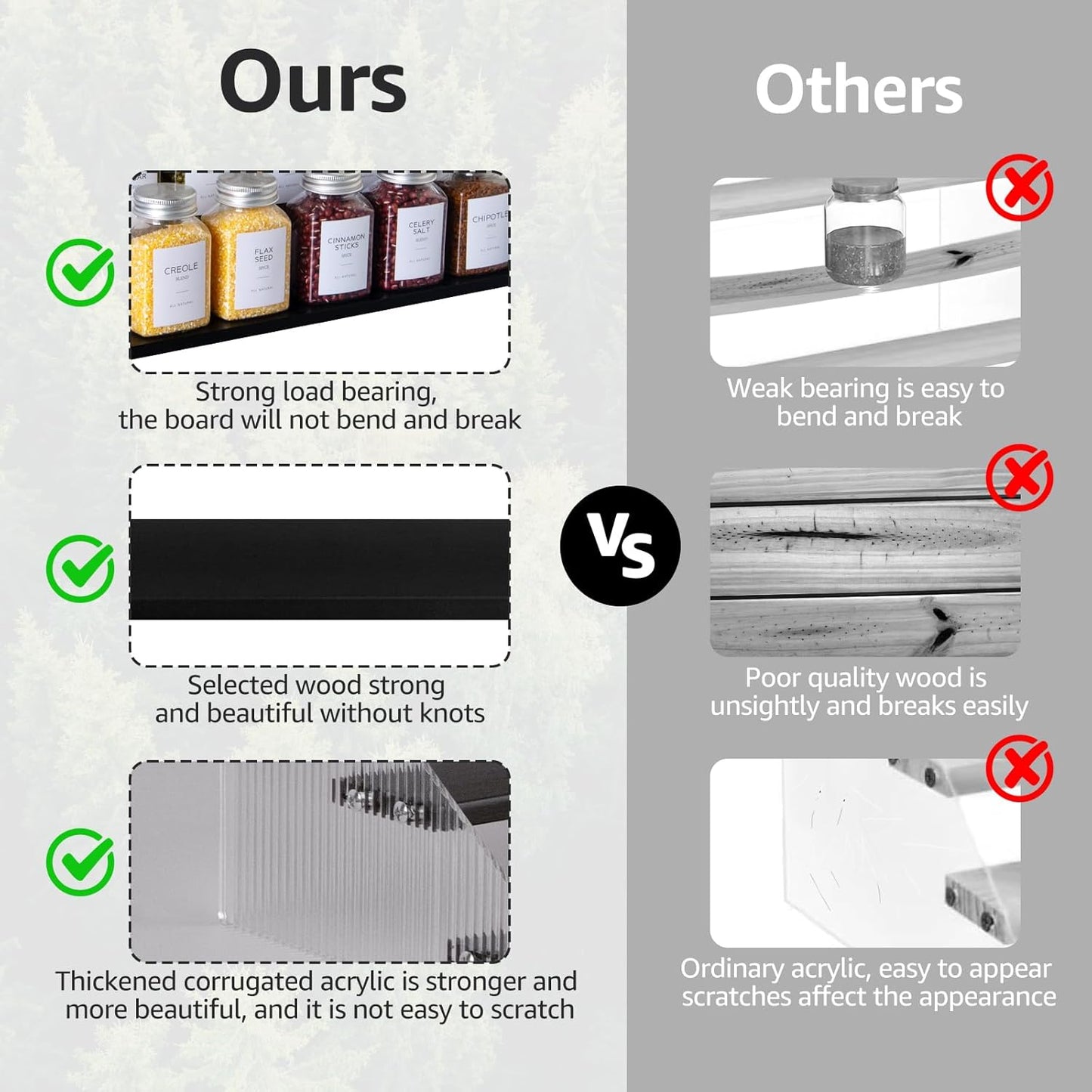 nianfeng Tiered Spice Rack, 4-Tier Spice Pantry Kitchen Cabinet Organizer, 12-Inch, Natural Wood Acrylic Stair Riser Stand, Countertop Seasoning Shelf (Black)