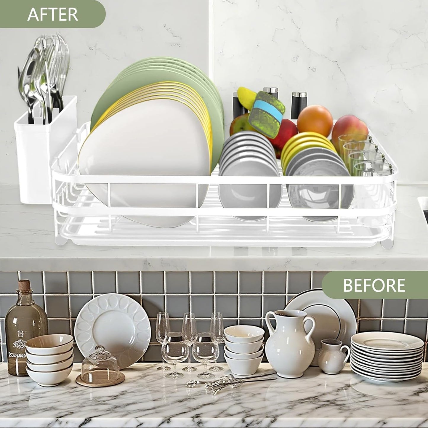 Dish Drying Rack Stainless Steel Drying Racks for Kitchen Counter Large Capacity Storage Racks with Drainboard Curlery Holder Multicolor (White)