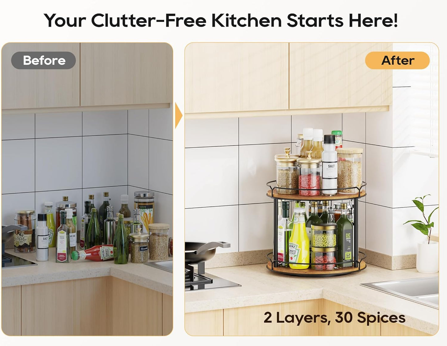 12.4" Lazy Susan Organizer 2 Tier - Rotating Spice Rack, Wooden Spinning Spice Holder for Inside Cabinet, Pantry, Kitchen, Countertop, Bathroom and Vanity, Versatile Storage