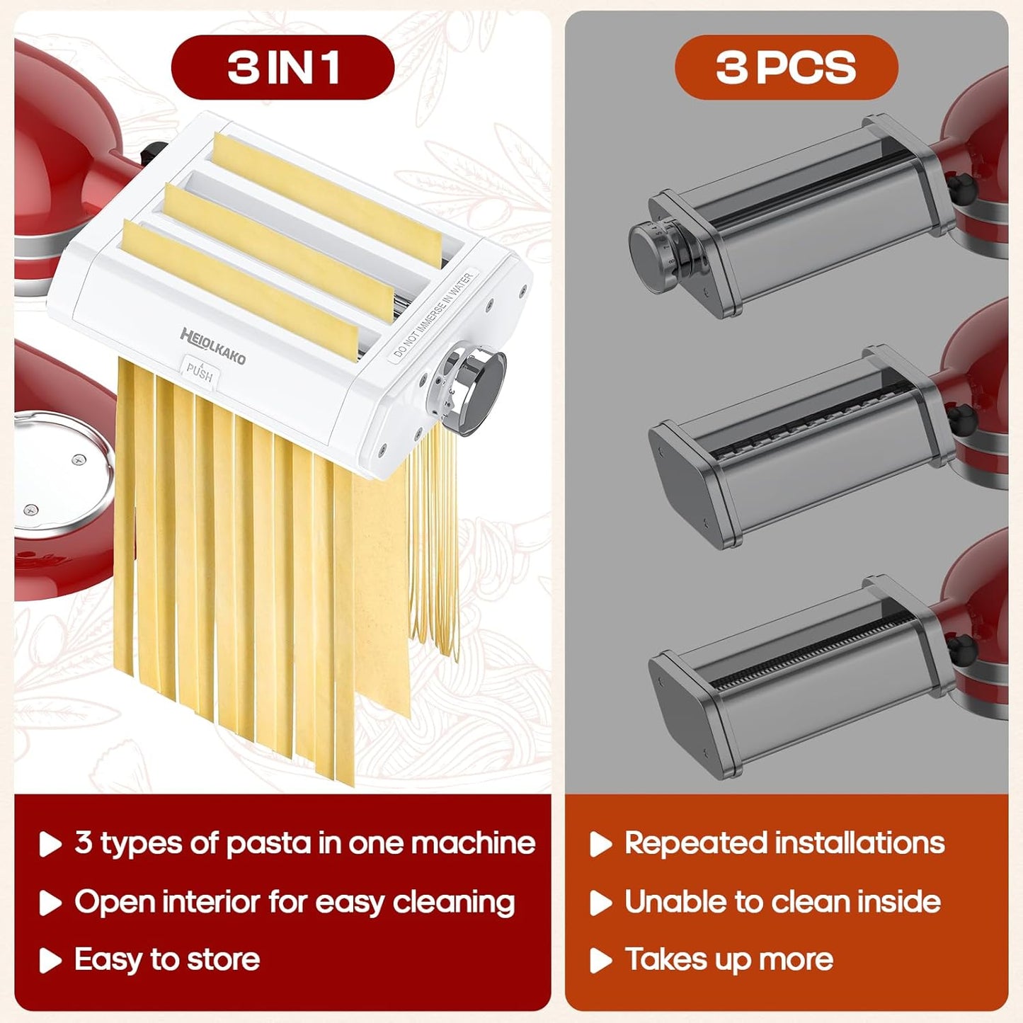 Pasta Attachment for KitchenAid Stand Mixer, 3 in 1 Set Pasta Maker KitchenAid Attachment Includes Spaghetti Cutter, Pasta Sheet Roller and Fettuccine Cutter, Attachment for Kitchenaid Mixers