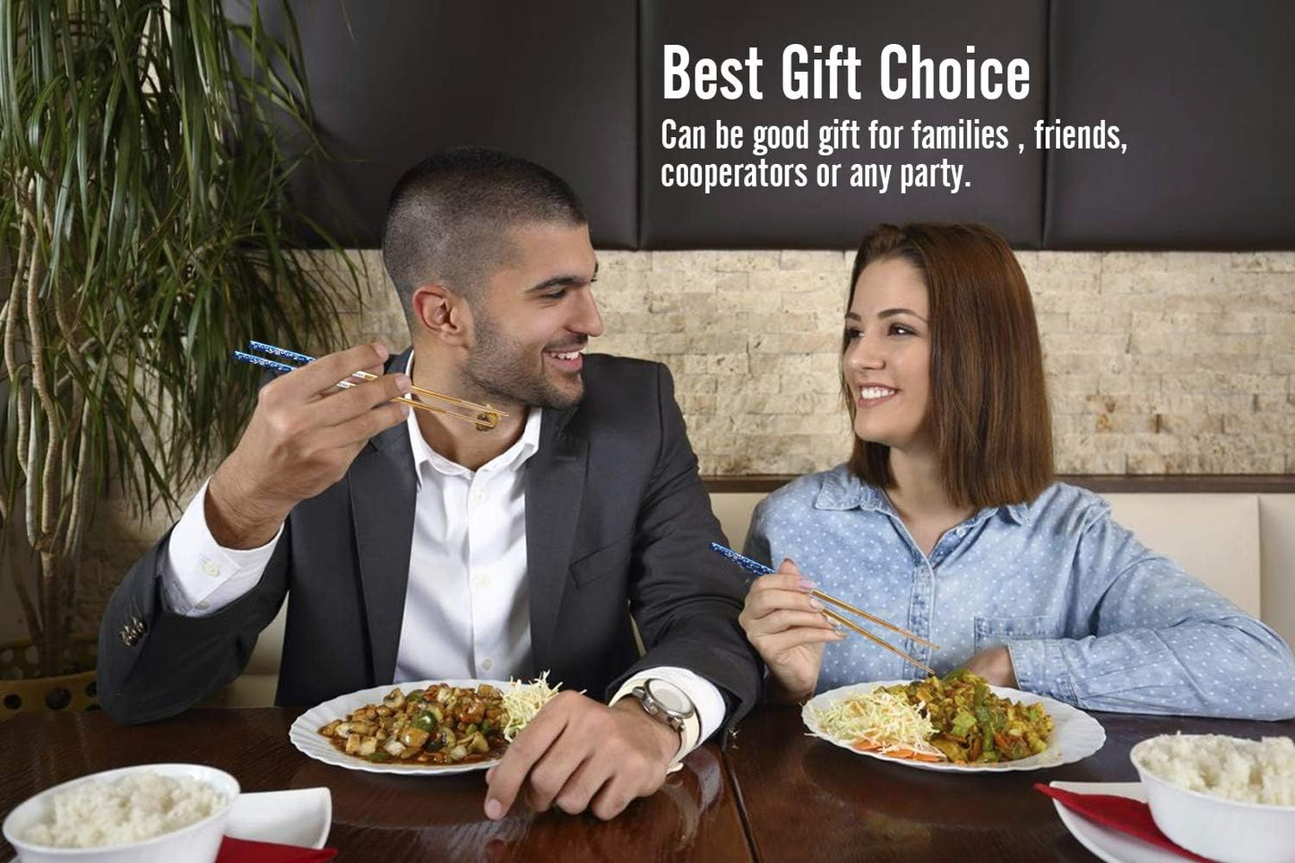 Metal Chopsticks Titanium Plated Stainless Steel Chopsticks Reusable Dishwasher safe Japanese Korean Chopstick lightweight Laser Engraved Anti-slip Chop sticks for Eating 2 Pairs Gift Set Blue Gold