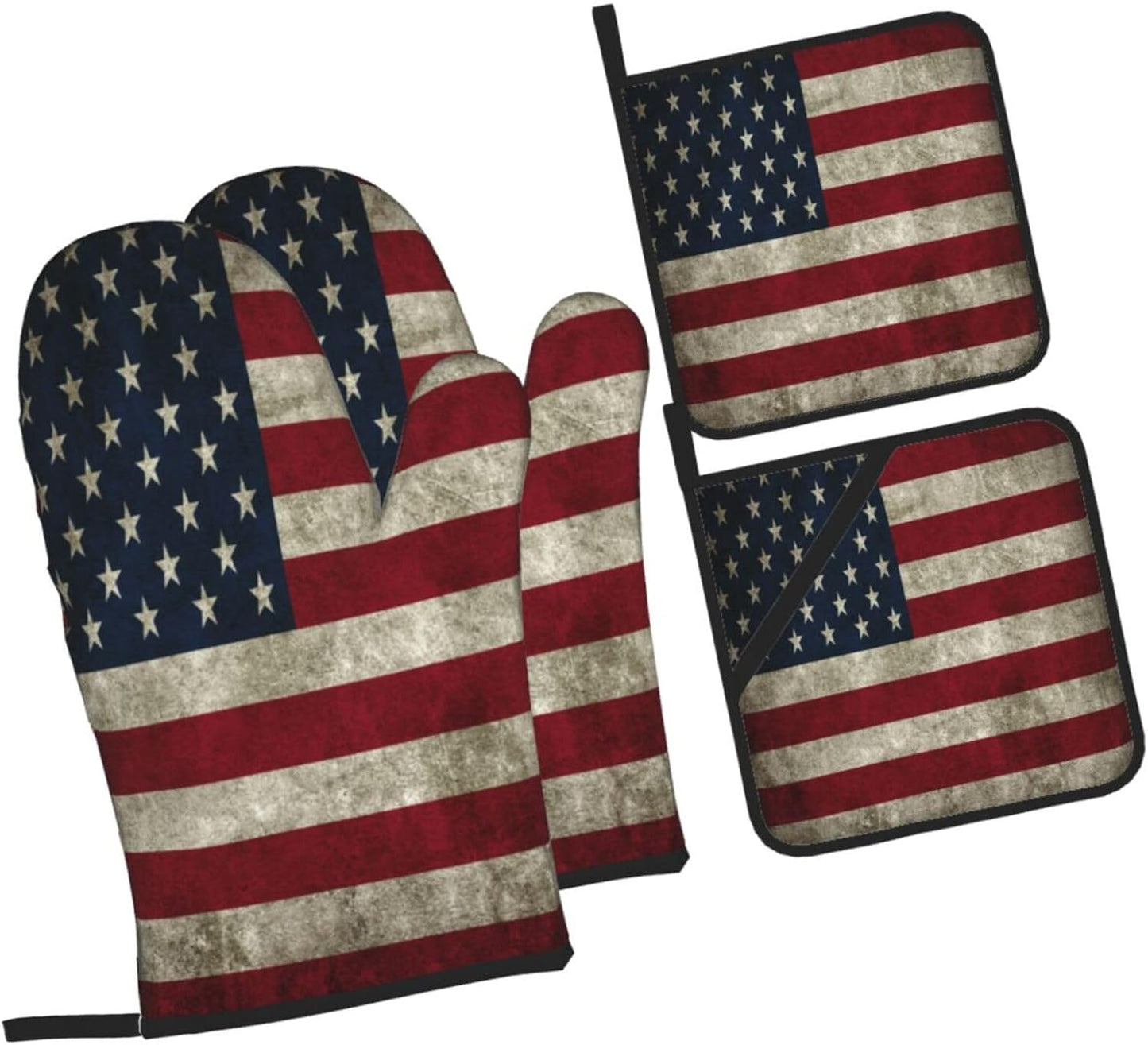 Retro American Flag Oven Mitts and Pot Holders Sets of 4 High Heat Resistant Oven Mitts with Oven Gloves and Hot Pads Polyester Potholders for Kitchen Baking Grilling Non-Slip Cooking Mitts