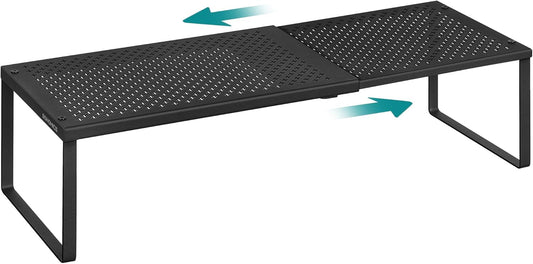 SONGMICS Expandable Pantry Kitchen Organizers, Adjustable Spice Rack, Stackable Cabinet Organizers, Metal, Space-Saving Tabletop Shelves, Matte Black UKCS007B01