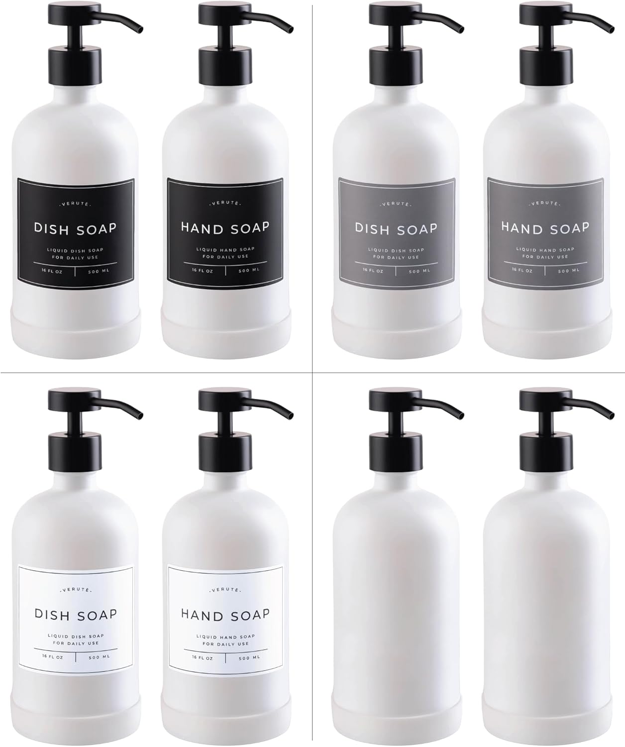 16oz Glass Soap Dispenser with Stainless Steel Pump, 21 Waterproof Labels, Non-Slip Protective Silicone Pad, Set of 2 for Bathroom & Kitchen (Matte White Bottle/Black Pump)