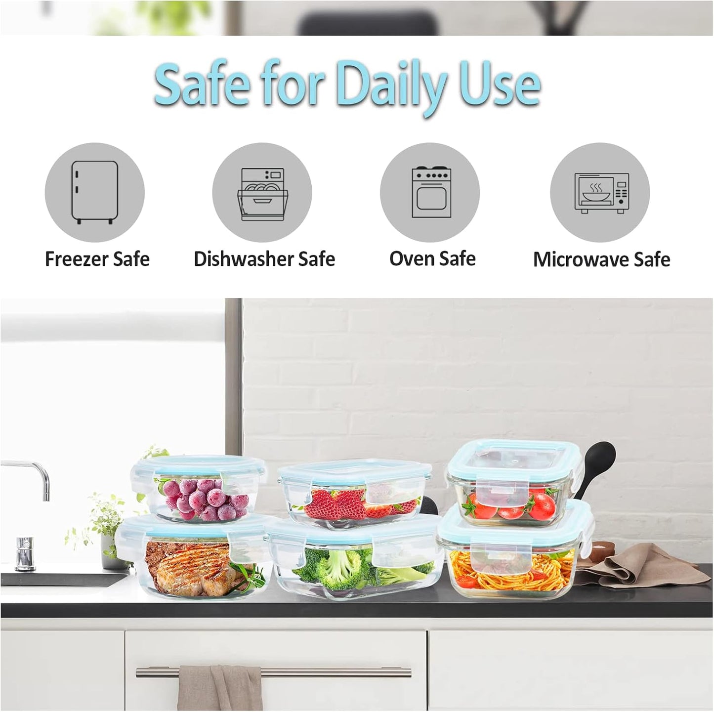 Glass Food Storage Containers with Lids Airtight 6 Pack, Glass Storage Containers with Lids for Food, Not Easy Broken & Leak Proof, Oven/Dishwasher Safe, Blue