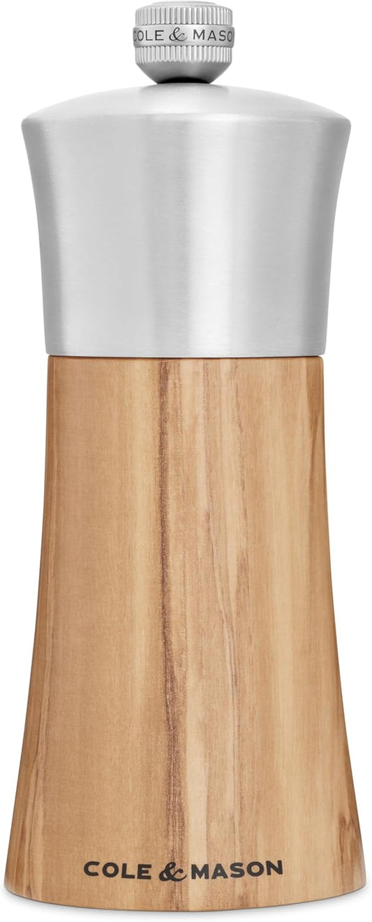 Cole & Mason Bromley Salt Mill, 6" - Salt Grinder with Ultra-Sharp Grinding Mechanism - Flavor-Enhancing Salt Shaker - Refillable Mill with Adjustable Grinding - Olive Wood, Salt Mill