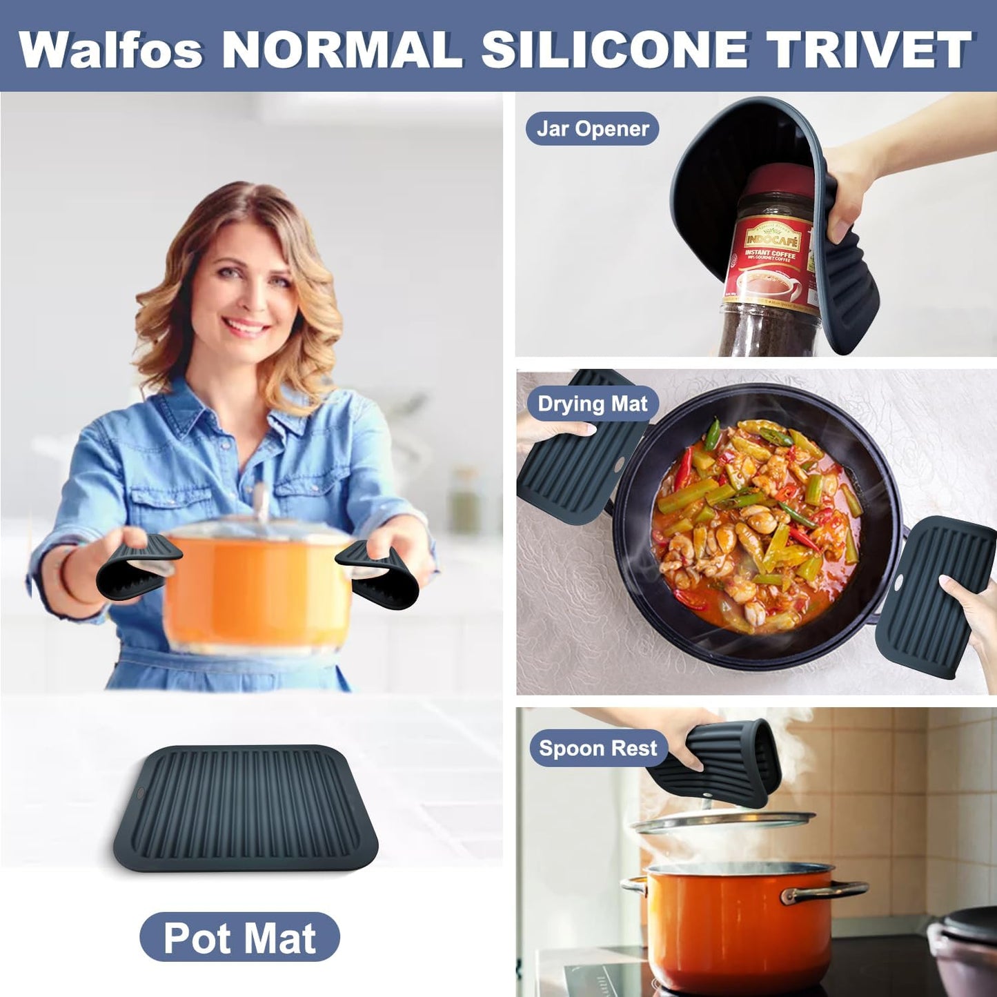 Walfos XXL Silicone Trivet 16 Inch and Trivets Mats 12 Inch, Trivets for Hot Pots and Pans, Heat Resistant Pot Holders Hot Pads for Kitchen Quartz Countertops, Hot Dishes, 5 Pack