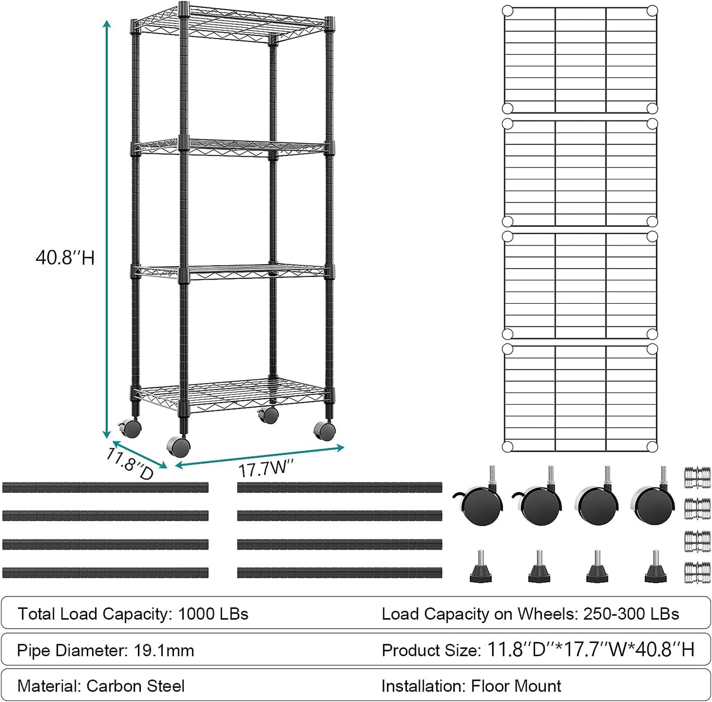 4-Shelf Adjustable Heavy Duty Steel Wire Rack, Adjustable Storage Shelving Unit with Wheel for Kitchen, Garage, Laundry Black 11.8" D x 17.7" W x 40.8" H