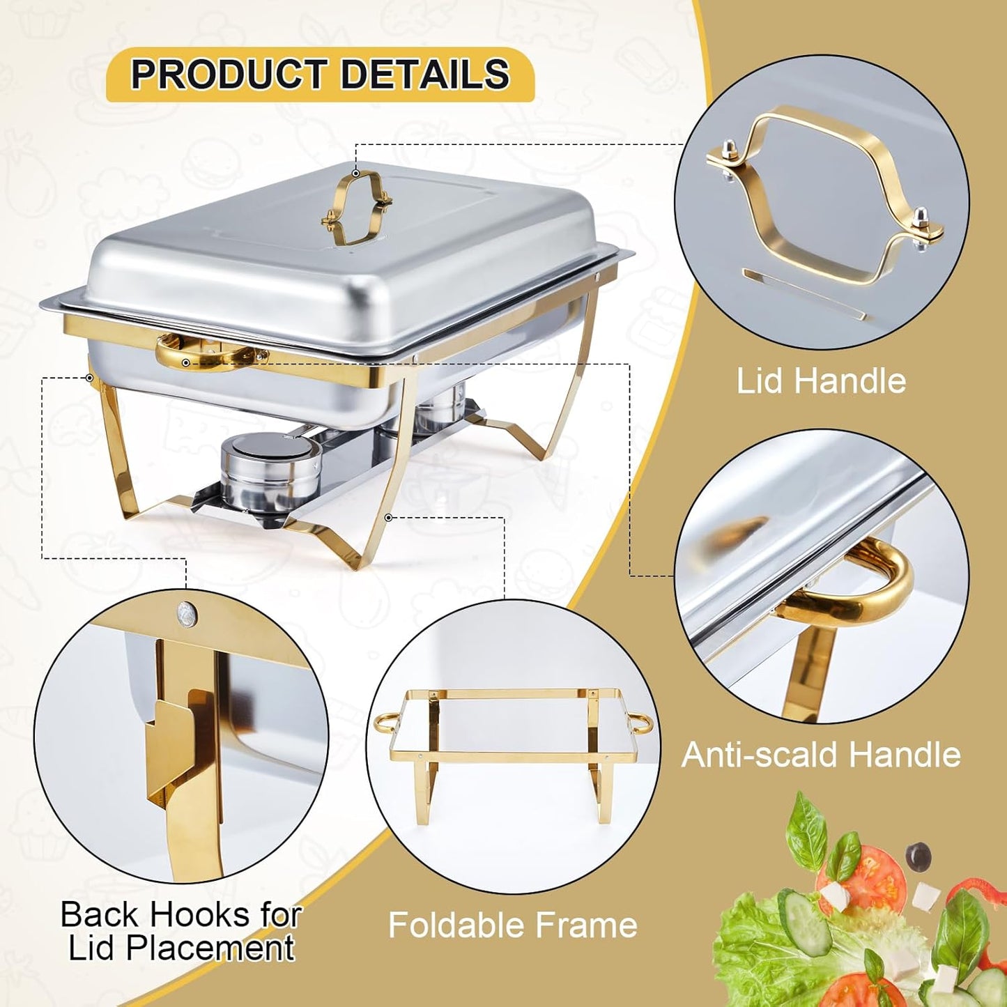 GarveeHome 4 Pack Chafing Dishes for Buffet, 8 Qt Stainless Steel Chafers and Warmers Sets with Lid, Rectangle Serving Food Warmer Catering Supplies Buffet Display for Party, Gold